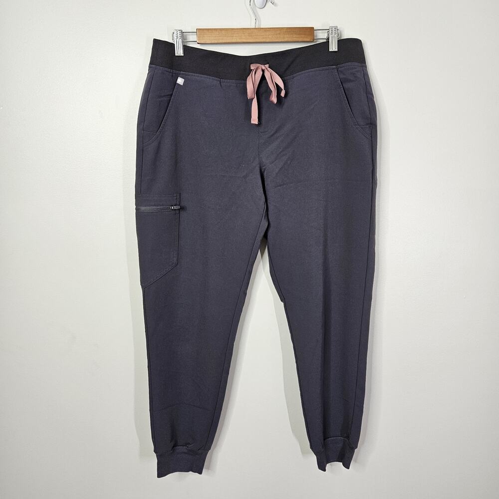 FIGS Zamora Jogger Scrub Pants Zip Pocket Dark Gray Size L Large Pink Drawstring